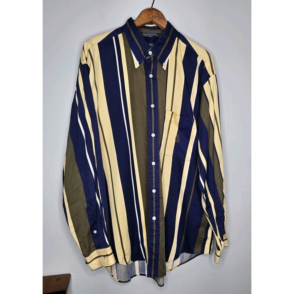 Vintage 90s Nautica Button Down Shirt Striped Oversized Pocket Hip Hop Yacht